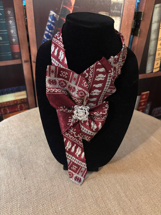 Elegant patterned Maroon and silver Neck Tie slide with Silver tone and crystal brooch.